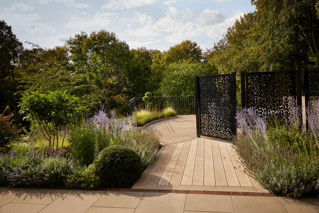 A combination of stone paving and timber decking
