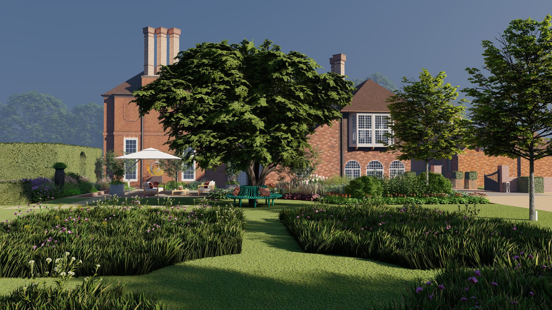 CGI of rear patio seating under parasols