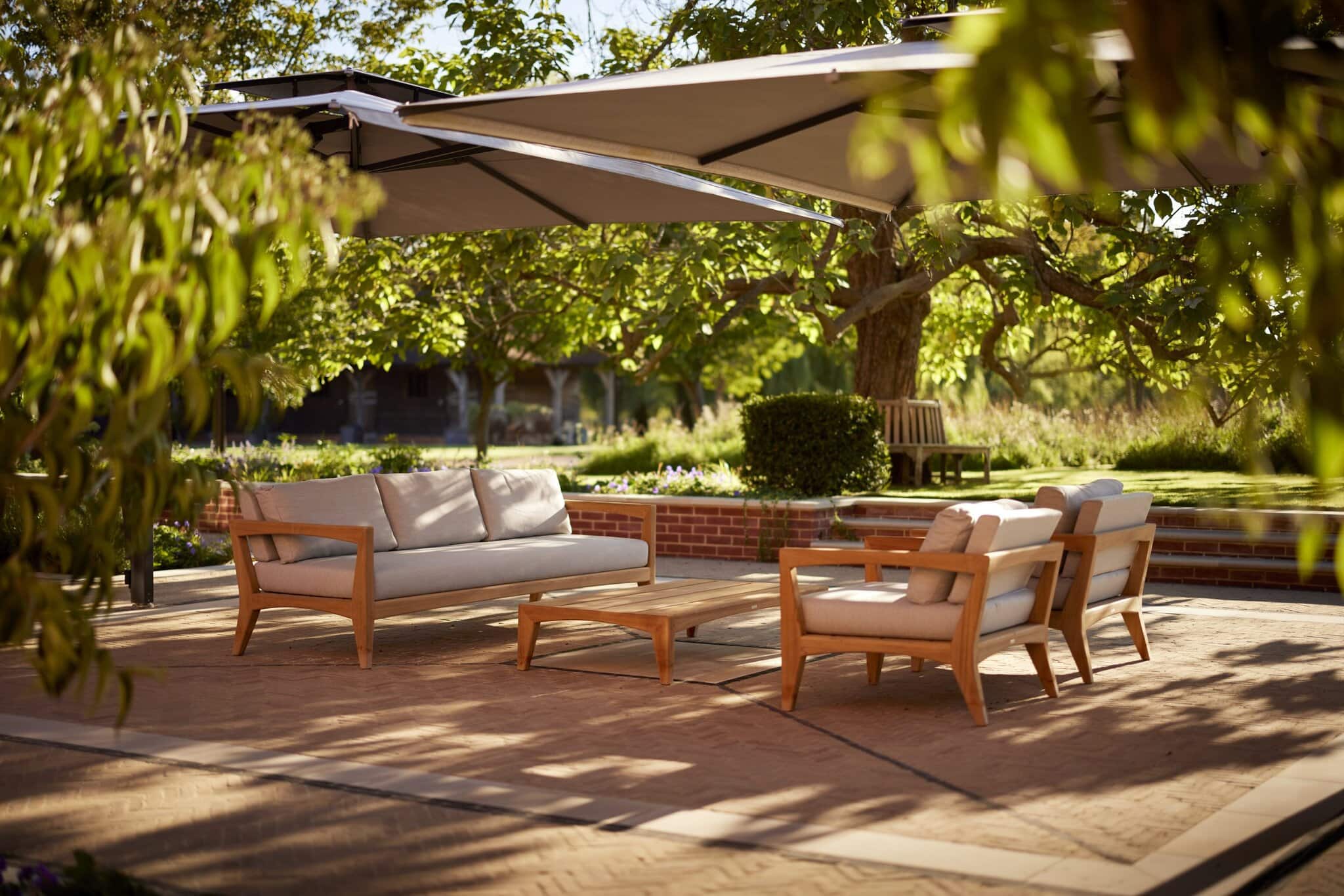 Rear patio seating under parasols 