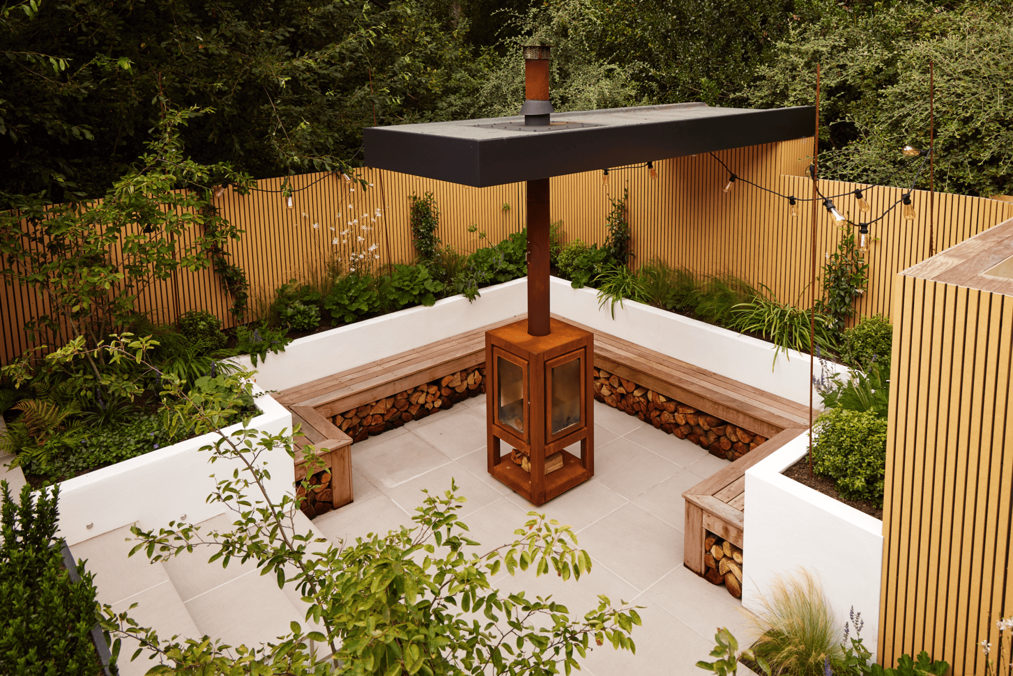 Secluded seating around log burner