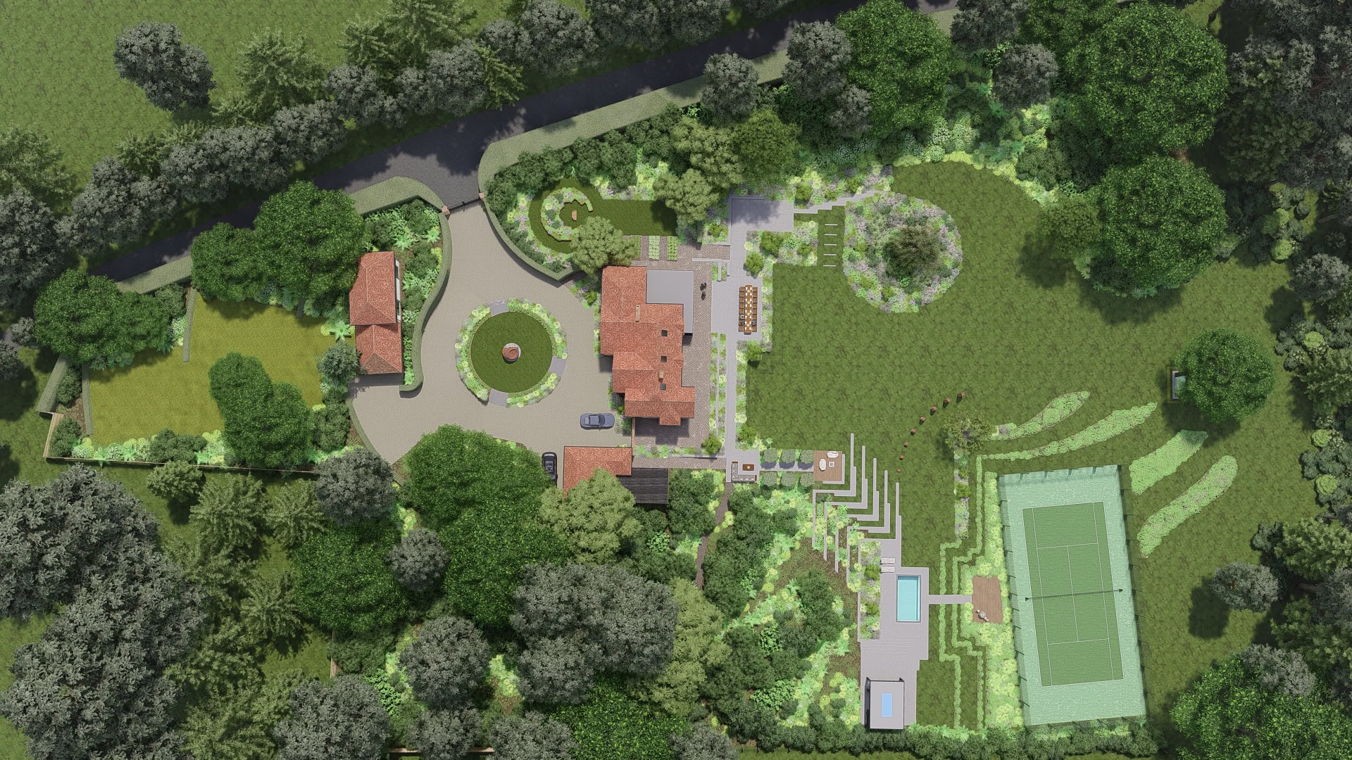 Full property garden design CGI with entrance driveway