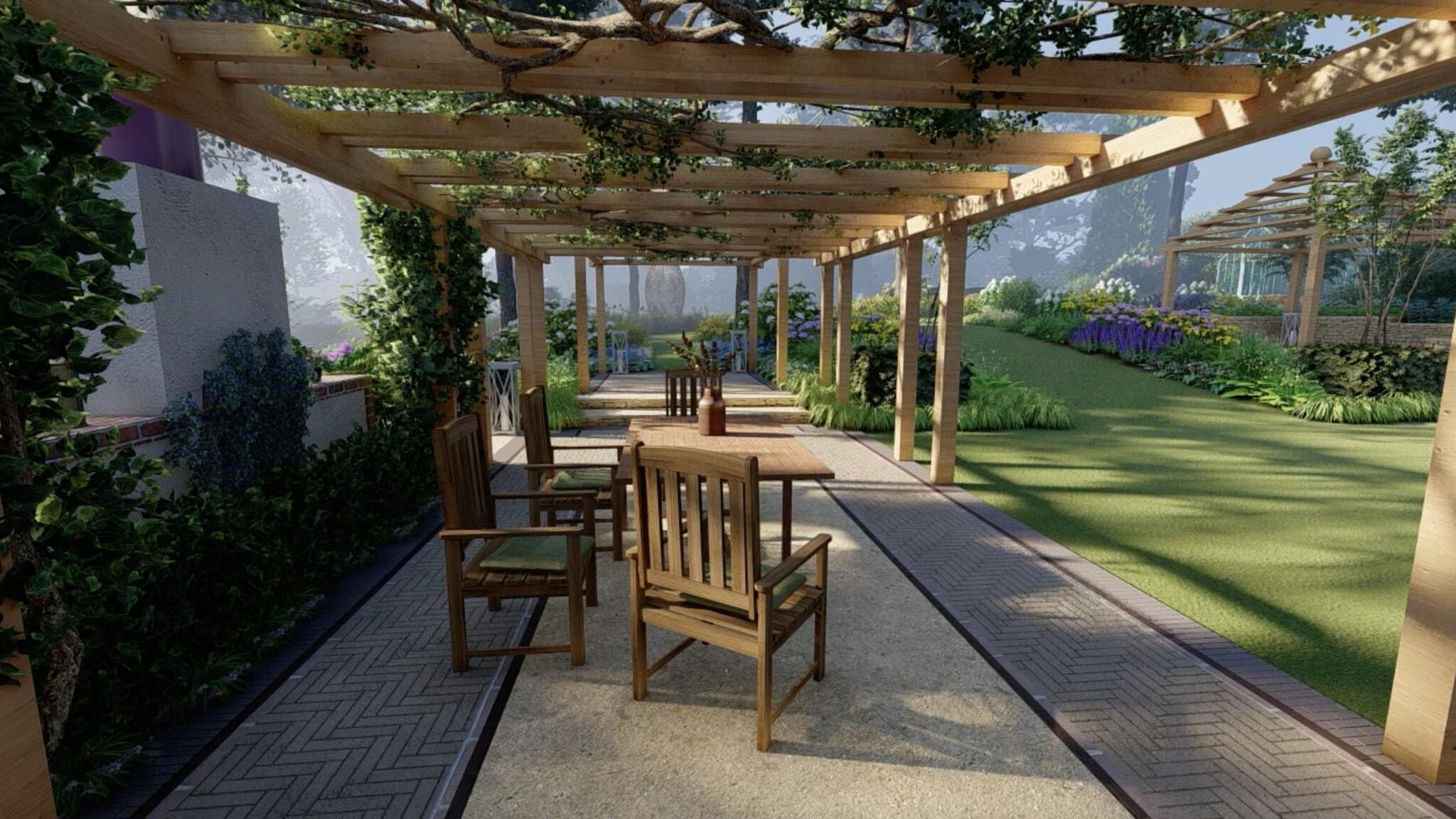Open timber beams create broken shade, reducing direct sun while keeping the space light and open.
